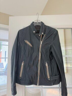 Navy Blue Leather Biker Jacket